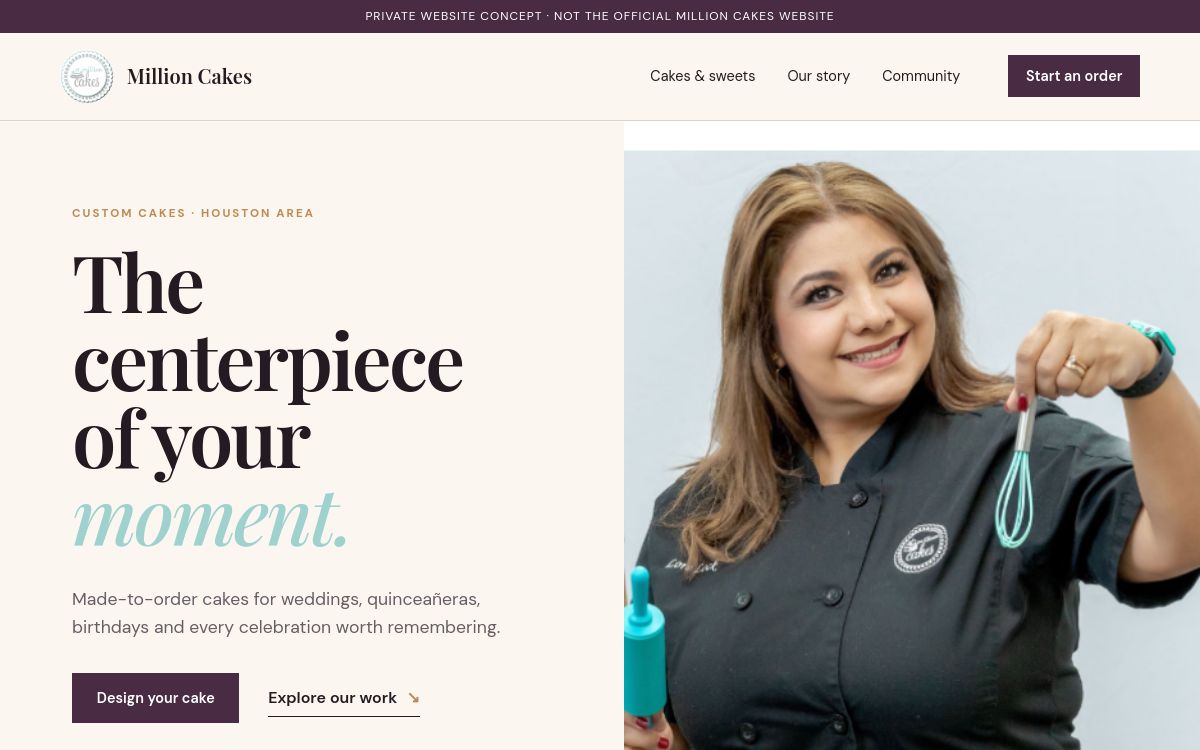 Million Cakes website concept homepage