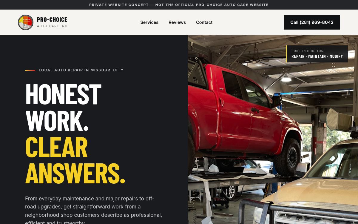 Pro-Choice Auto Care website concept homepage
